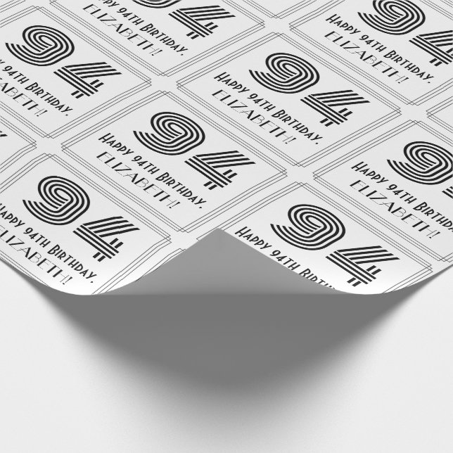 94th Birthday: Art Deco Inspired Style "94" + Name Wrapping Paper (Corner)