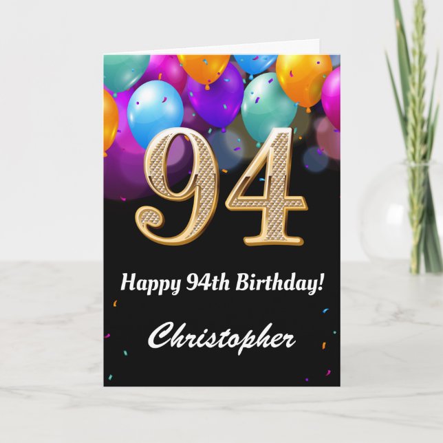 94th Birthday Black and Gold Colourful Balloons Card (Front)
