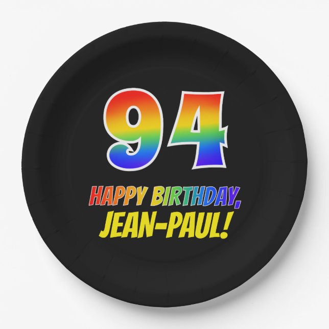 94th Birthday: Bold, Fun, Simple, Rainbow 94 Paper Plate (Front)