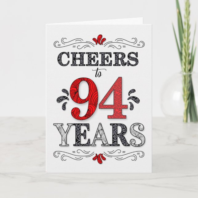 94th Birthday Cheers in Red White Black Pattern Card (Front)