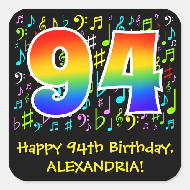 94th Birthday: Colourful Music Symbols, Rainbow 94 Square Sticker (Front)