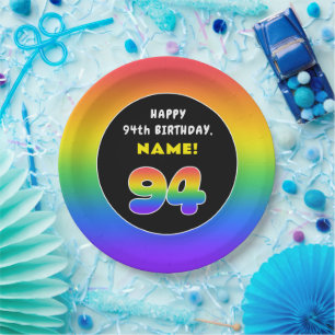 94th Birthday: Colourful Rainbow # 94, Custom Name Paper Plate