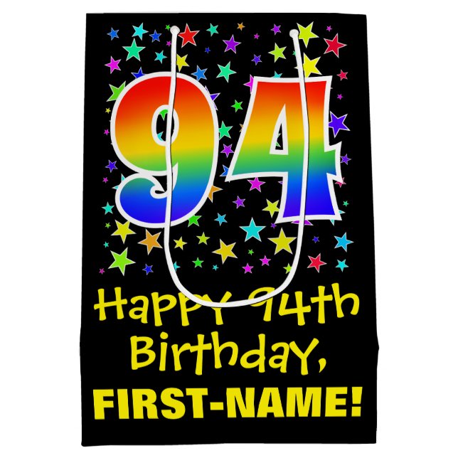 94th Birthday: Colourful Stars Pattern & Rainbow 9 Medium Gift Bag (Back)