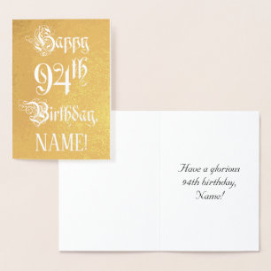 94th Birthday: Elegant, Ornate Script; Custom Name Foil Card