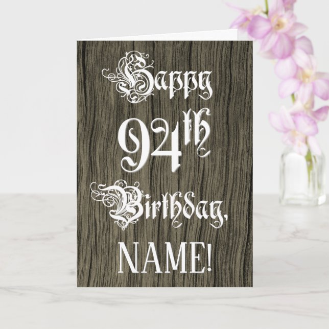 94th Birthday: Fancy, Elegant Text; Faux Wood Look Card (Orchid)