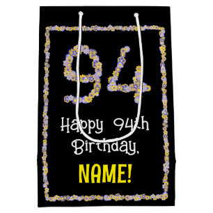 94th Birthday: Floral Flowers Number, Custom Name Medium Gift Bag