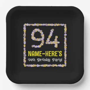 94th Birthday: Floral Flowers Number, Custom Name Paper Plate
