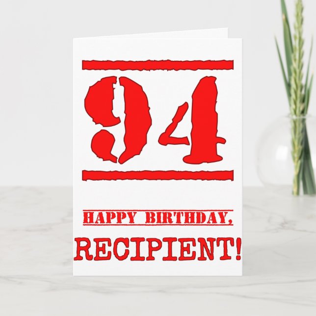 94th Birthday: Fun, Red Rubber Stamp Inspired Look Card (Front)