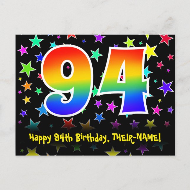 94th Birthday: Fun Stars Pattern, Rainbow 94, Name Postcard (Front)