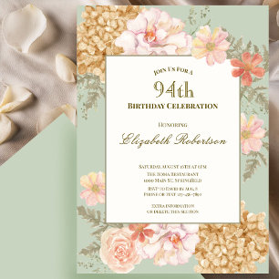 94th Birthday Invitation Autumn Colors Floral Sage