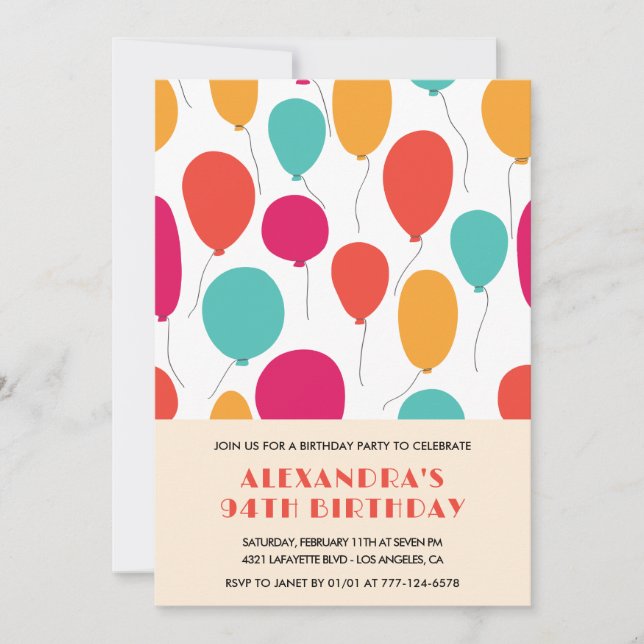 94th birthday invitations Balloons Colourful (Front)