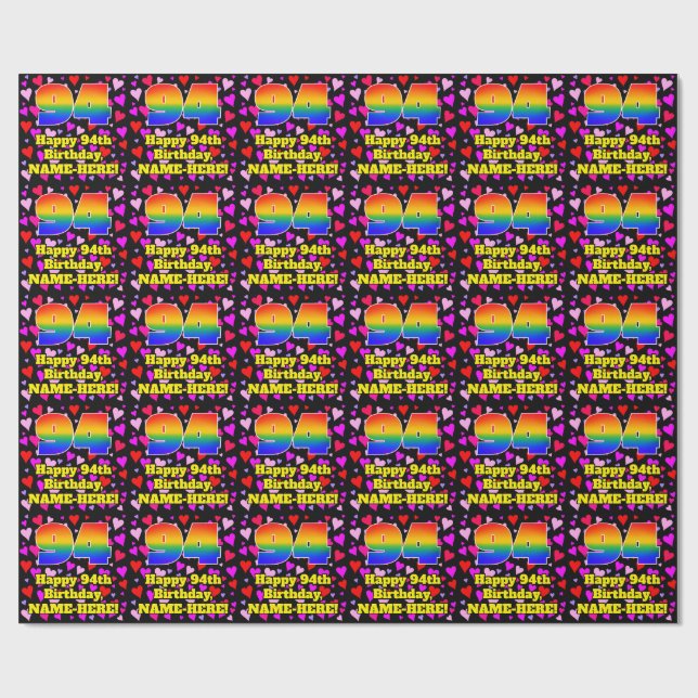 94th Birthday: Loving Hearts Pattern, Rainbow # 94 Wrapping Paper (Flat)