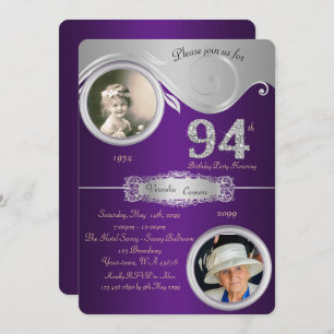 94th,Birthday Man 94th,elegant art deco,purple Invitation