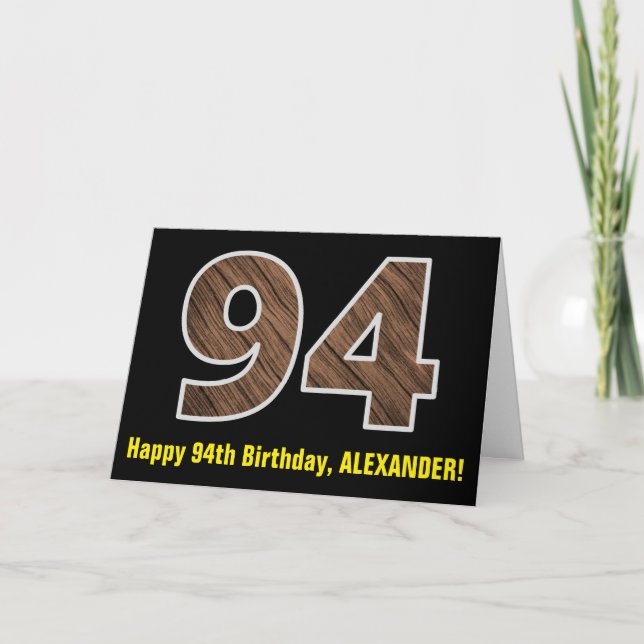 94th Birthday: Name + Faux Wood Grain Pattern "94" Card (Front)