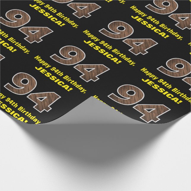 94th Birthday: Name & Faux Wood Grain Pattern "94" Wrapping Paper (Corner)