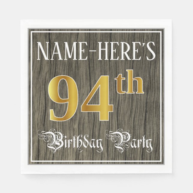 94th Birthday Party — Faux Gold & Faux Wood Looks Napkin (Front)