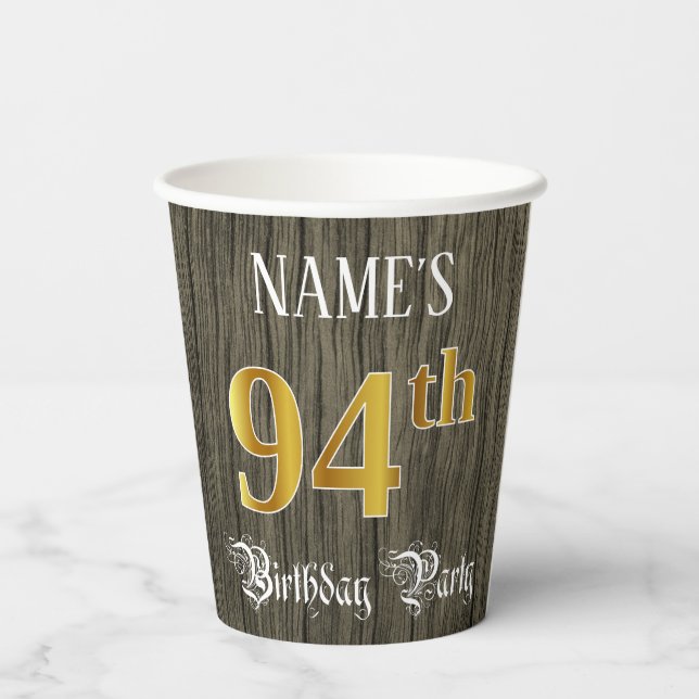94th Birthday Party — Faux Gold & Faux Wood Looks Paper Cups (Back)