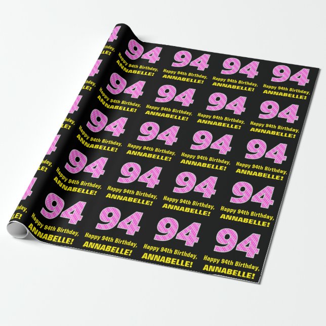 94th Birthday: Pink Stripes and Hearts "94" + Name Wrapping Paper (Unrolled)