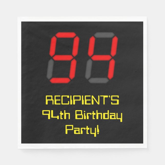 94th Birthday: Red Digital Clock Style "94" + Name Napkin (Front)