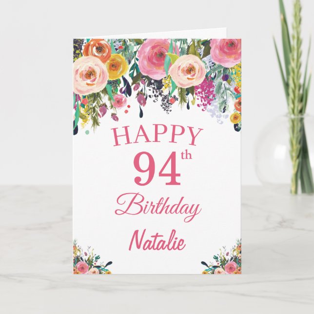 94th Birthday Watercolor Floral Flowers Pink Card (Front)