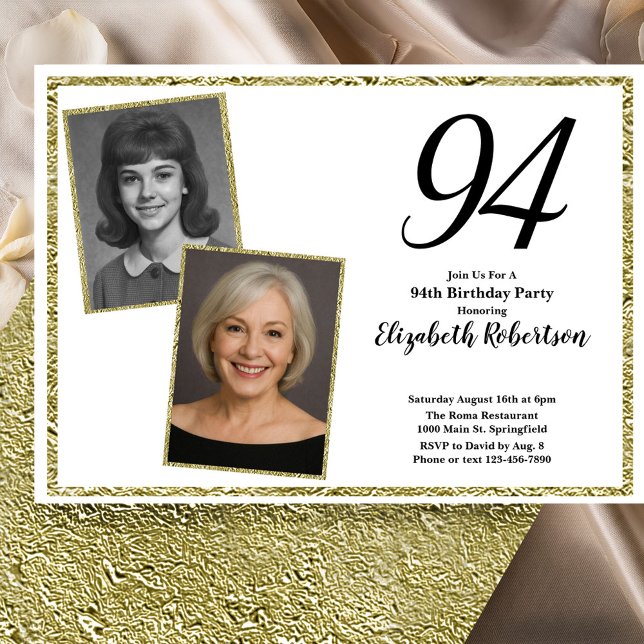 94th Custom Photo White and Gold  Invitation (Creator Uploaded)