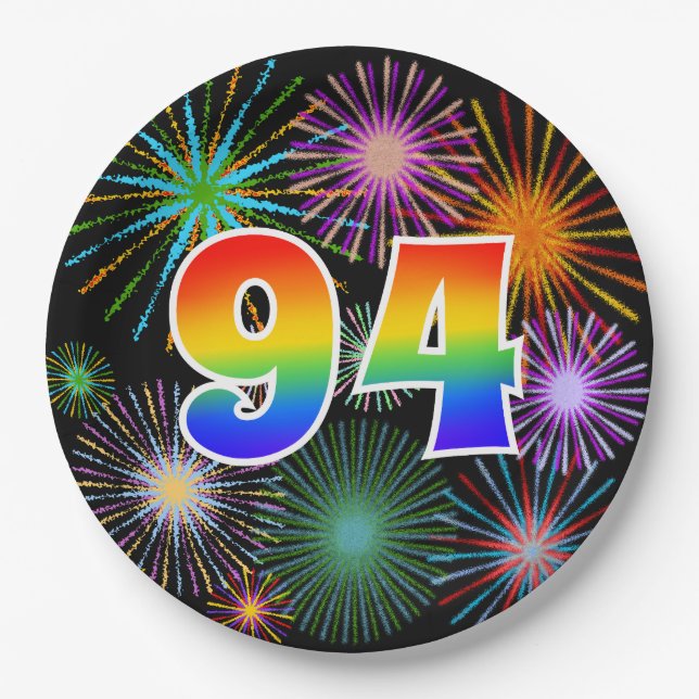 94th Event - Fun, Colourful, Bold, Rainbow 94 Paper Plate (Front)