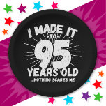 95 Year Old Sarcastic Meme Funny 95th Birthday Paper Plate<br><div class="desc">This funny 95th birthday design makes a great sarcastic humour joke or novelty gag gift for a 95 year old birthday theme or surprise 95th birthday party! Features 'I Made it to 95 Years Old... Nothing Scares Me' funny 95th birthday meme that will get lots of laughs from family, friends,...</div>