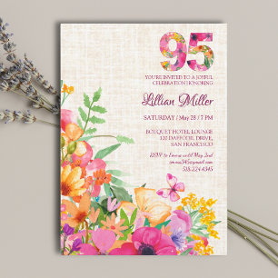 95 Years Flowers Floral Linen 95th Birthday Invitation