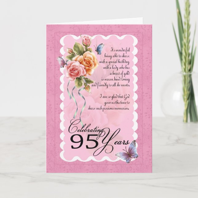95 years old greeting card - roses and butterflies (Front)
