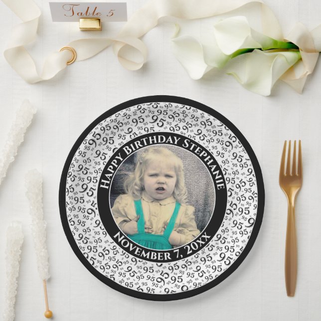 95 Your Photo Random Number Pattern Black/White Paper Plate (Wedding)