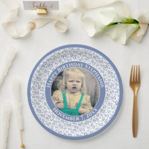 95 Your Photo Random Number Pattern Blue/White Paper Plate