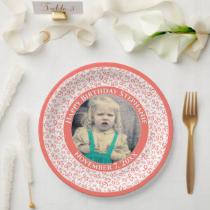 95 Your Photo Random Number Pattern Coral/White Paper Plate