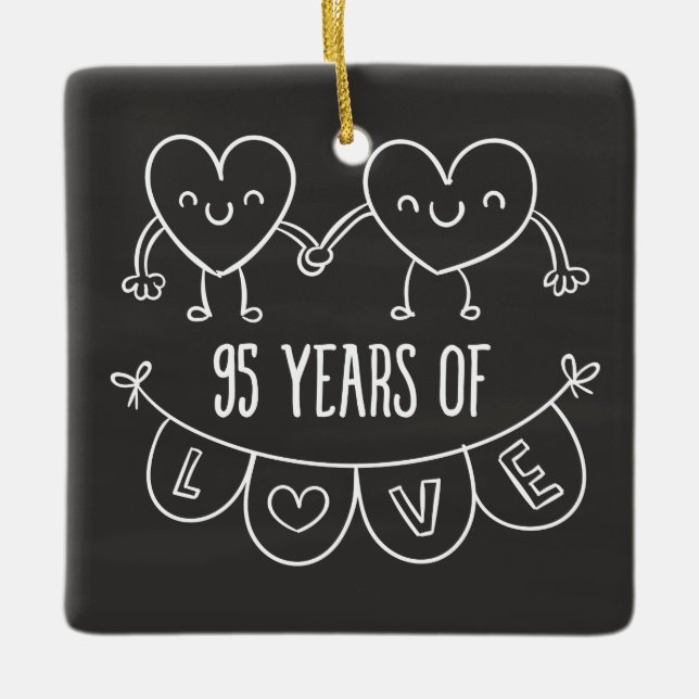 95th Anniversary Gift Chalk Hearts Ceramic Tree Decoration (Front)