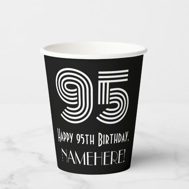 95th Birthday — Art Deco Inspired Look “95” + Name Paper Cups (Front)