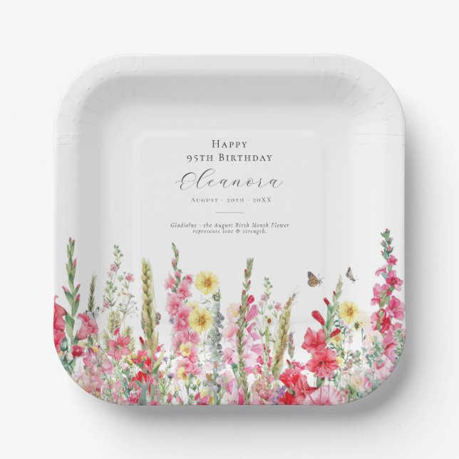 95th Birthday August Birth Flower Party Supplies Paper Plate (Front)