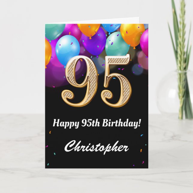 95th Birthday Black and Gold Colourful Balloons Card (Front)