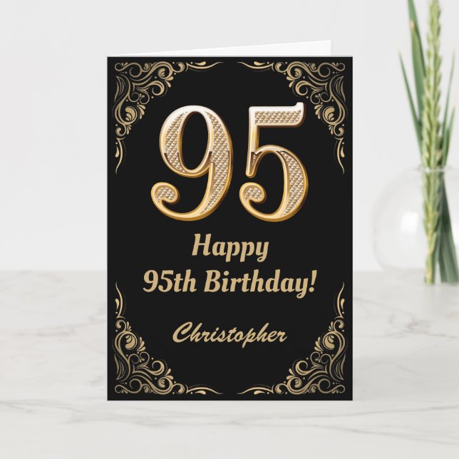 95th Birthday Black and Gold Glitter Frame Card (Front)