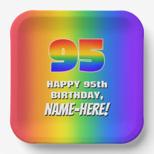 95th Birthday: Colourful, Fun Rainbow Pattern # 95 Paper Plate
