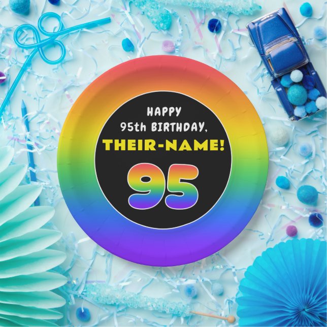 95th Birthday: Colourful Rainbow # 95, Custom Name Paper Plate (Party)