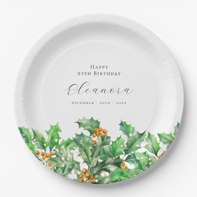 95th Birthday December Birth Flower Holly Custom Paper Plate (Front)