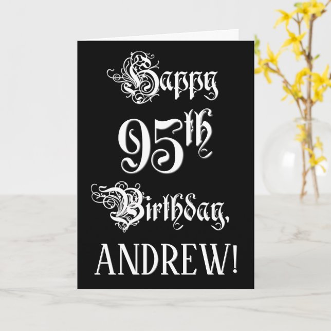 95th Birthday: Fancy, Elegant Script + Custom Name Card (Yellow Flower)