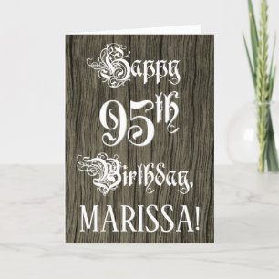 95th Birthday: Fancy, Elegant Text; Faux Wood Look Card