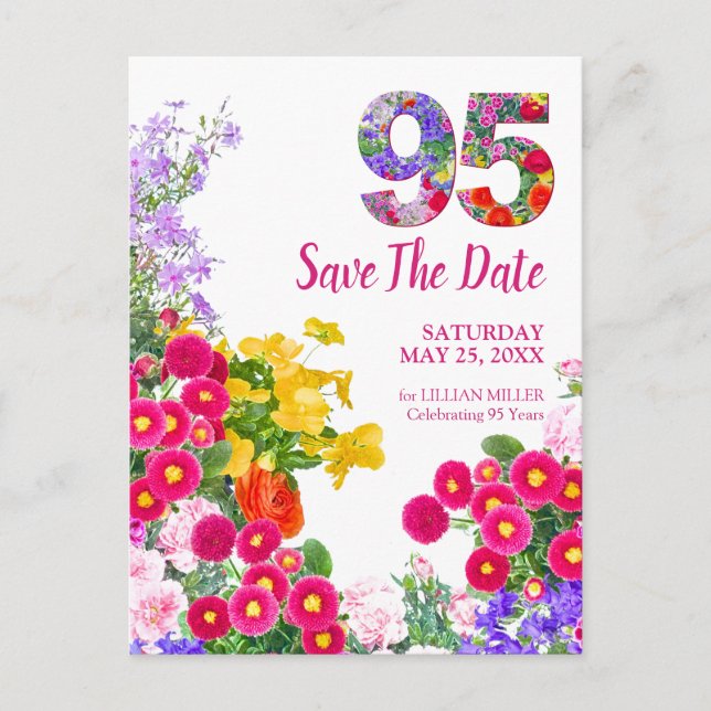 95th birthday floral modern Save The Date Announcement Postcard (Front)