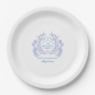 95th Birthday French Blue Floral Crest Custom Paper Plate