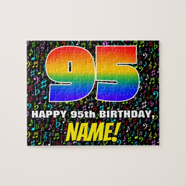 95th Birthday — Fun, Colourful Music Symbols & “95 Jigsaw Puzzle (Horizontal)