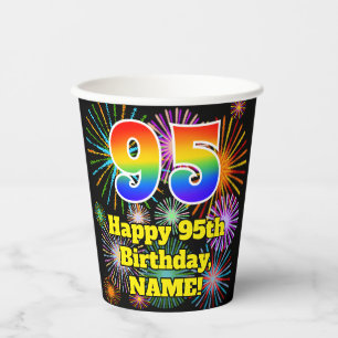 95th Birthday: Fun Fireworks Pattern + Rainbow 95 Paper Cups