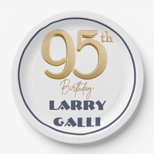 95th Birthday Gold Navy Blue Custom Name Paper Plate (Front)