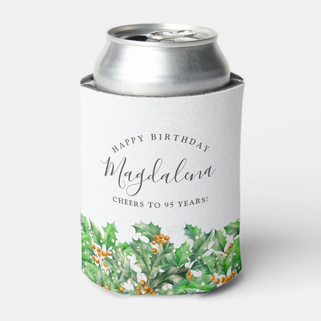 95th Birthday Holly December Birth Flower Custom Can Cooler (Can Front)