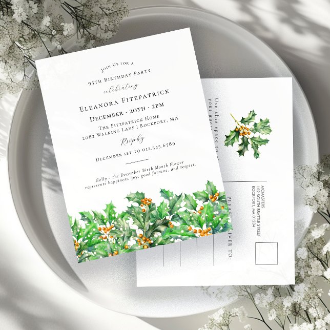 95th Birthday Holly December Birth Month Flower\ Invitation Postcard (Creator Uploaded)