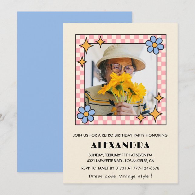95th birthday invitation Retro Groovy Blue Floral (Front/Back)